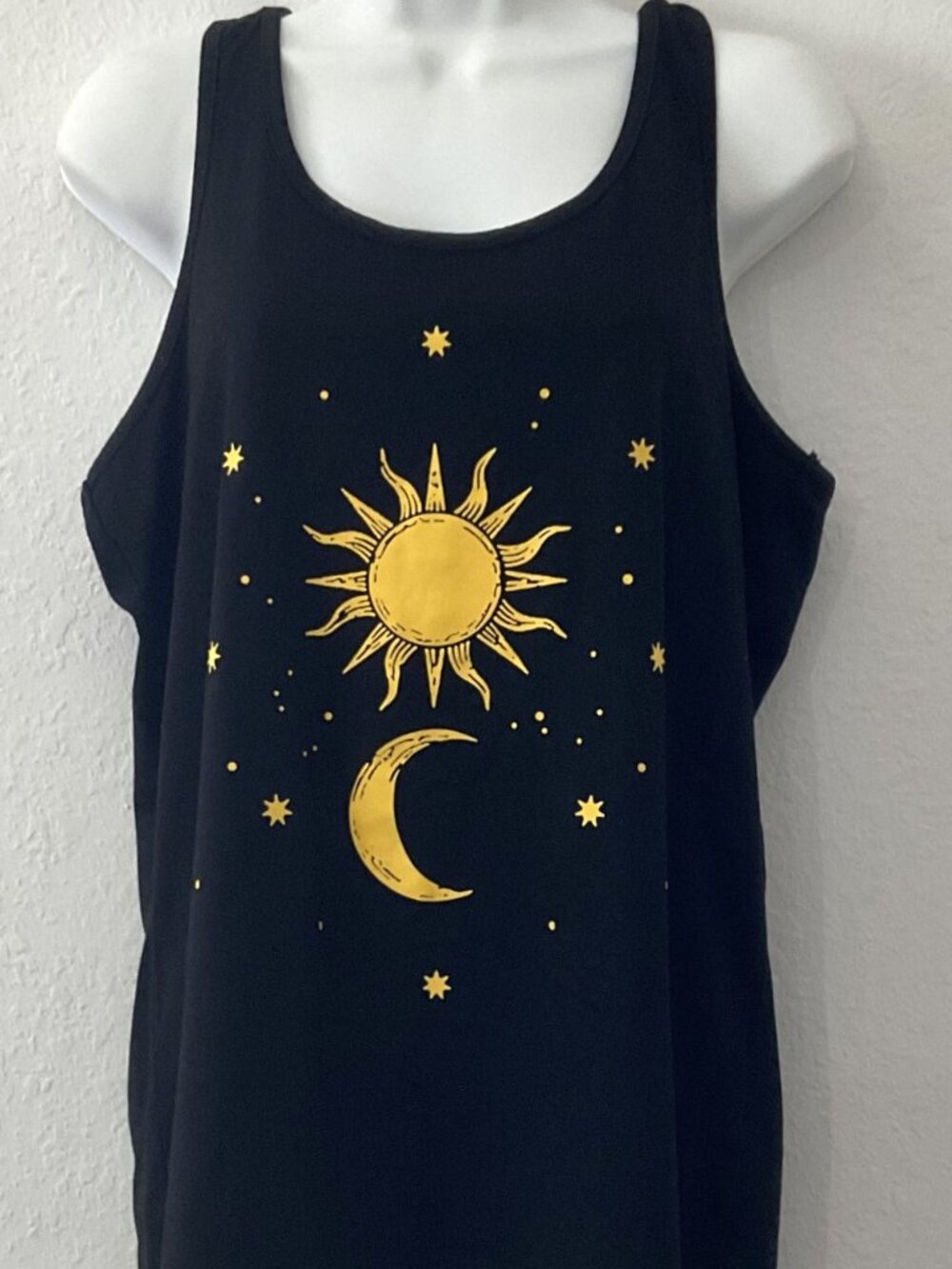 NEW WOMEN'S CELESTIAL RACERBACK TANK TOP - GOLD SUN & MOON (SIZE L, FITS LIKE ME